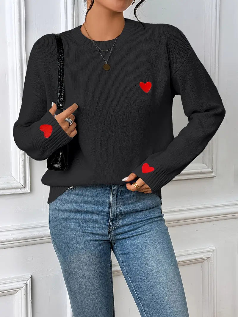 Womens Heart Embroidery Sweater - Black