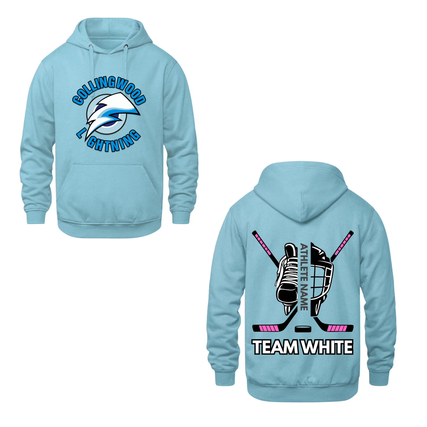Collingwood Lightning Personalized Dual Logo Hooded Sweatshirt - Sky Blue (Youth & Adult)