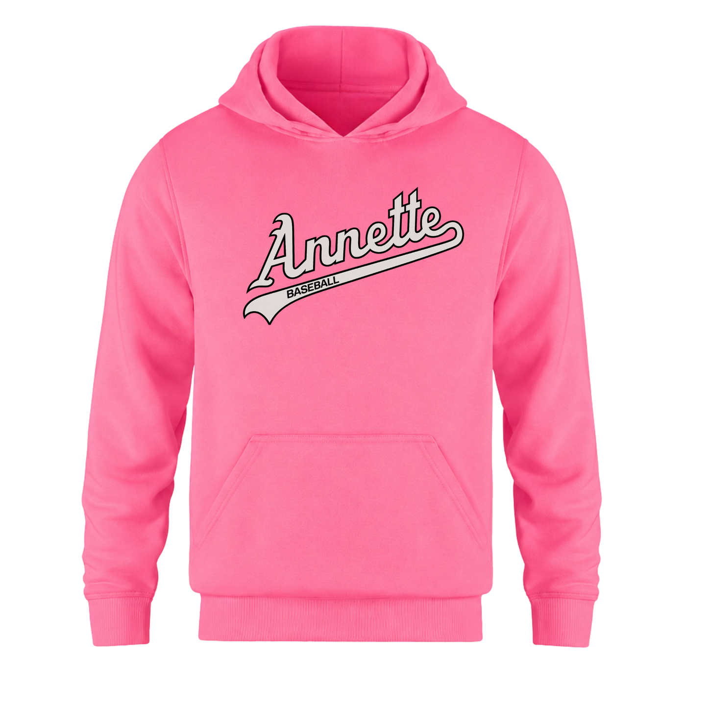 Annette Baseball Hooded Sweatshirt - Annette Script Logo /  Personalized - Neon Pink