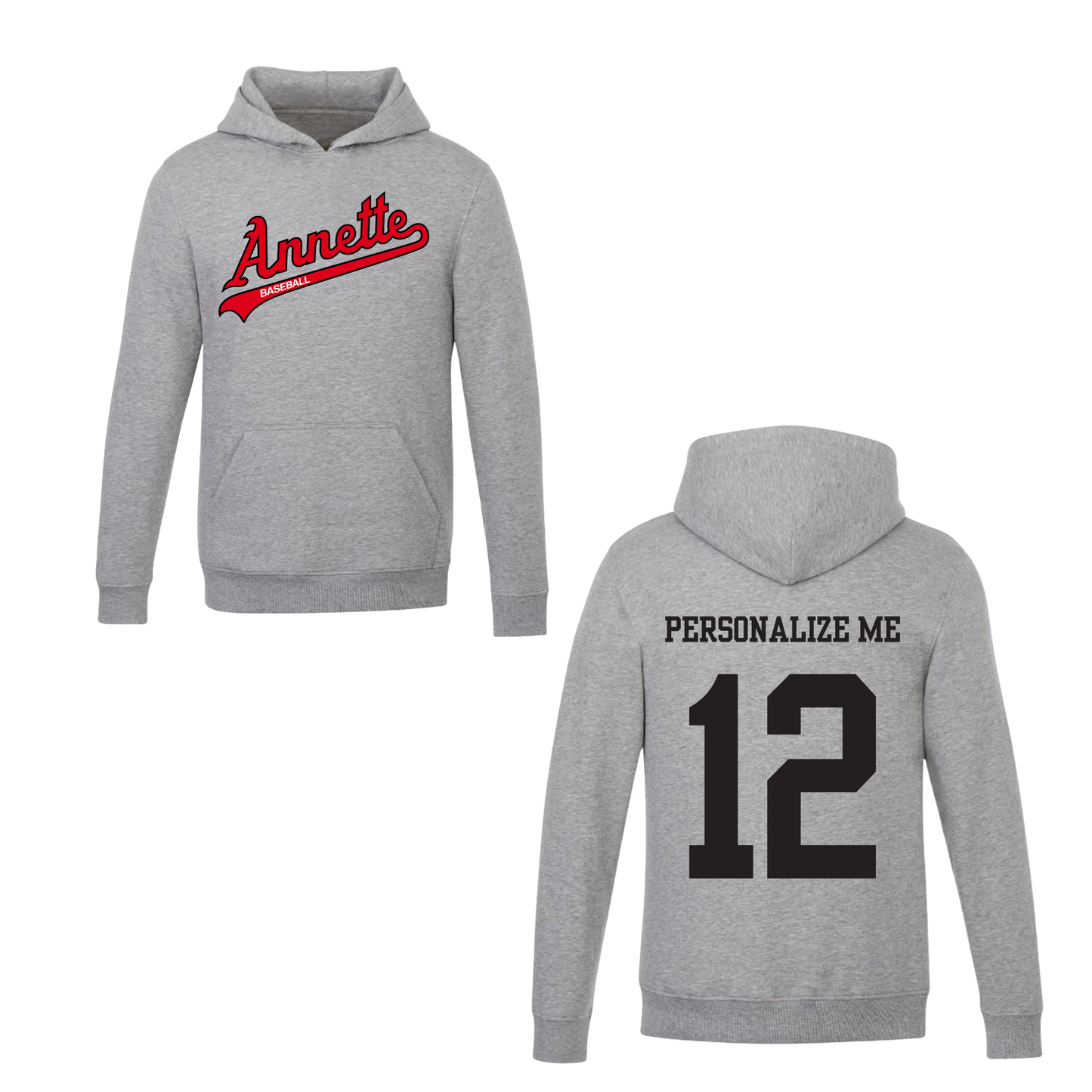 Annette Baseball Hooded Sweatshirt - Annette Script Logo /  Personalized - Grey