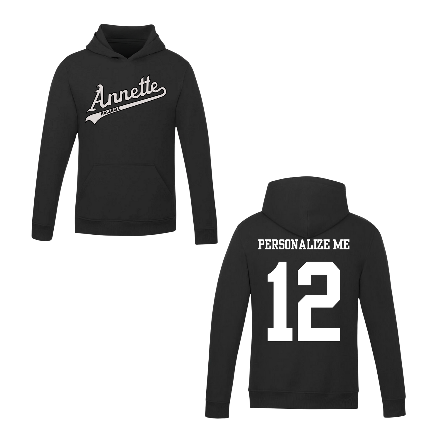 Annette Baseball Hooded Sweatshirt - Annette Script Logo /  Personalized - Black