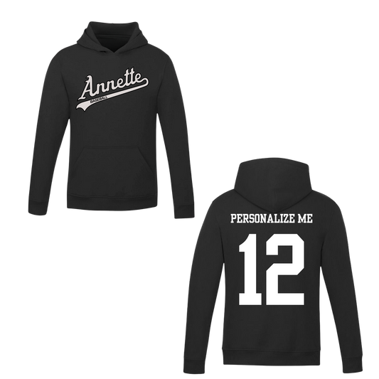 Annette Baseball Hooded Sweatshirt - Annette Script Logo /  Personalized - Black