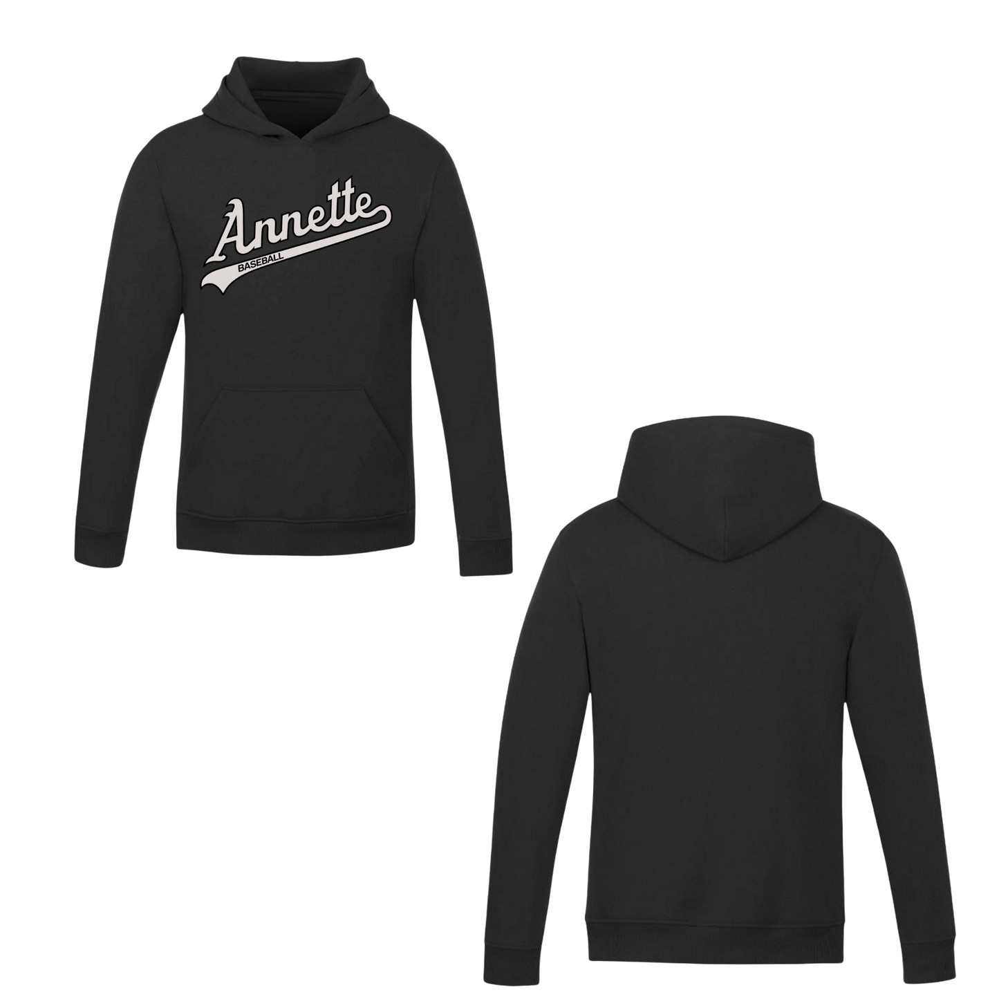 Annette Baseball Hooded Sweatshirt - Annette Script Logo /  Non-Personalized - Black
