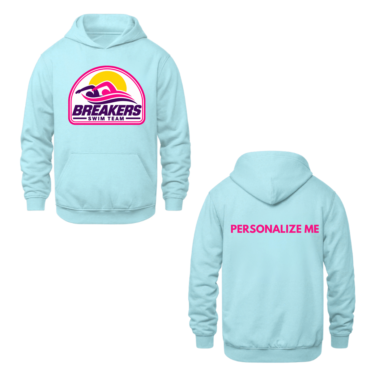 Breakers Swim Team Personalized Hooded Sweatshirt - Oversize Logo - Light Blue / Pink