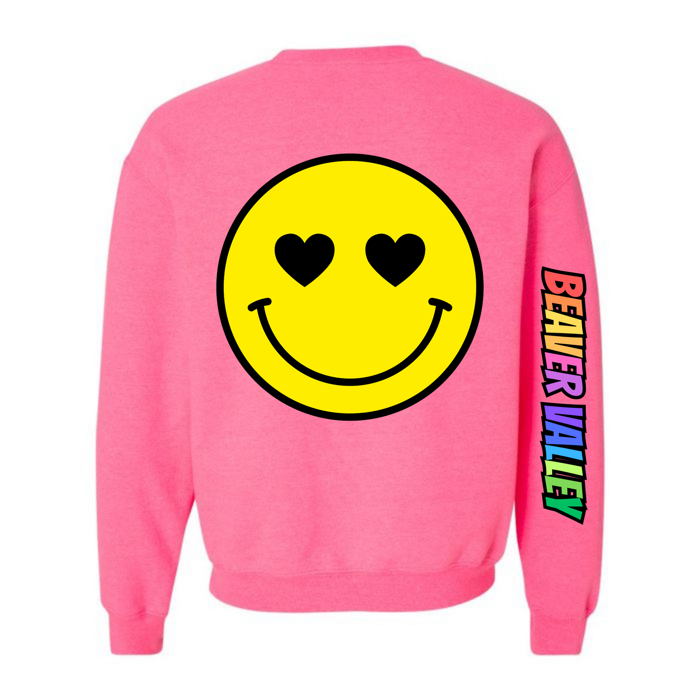 BVCS Crewneck Sweatshirt - Oversize Heart Smile / Rainbow Graffiti Sleeve - Safety Pink