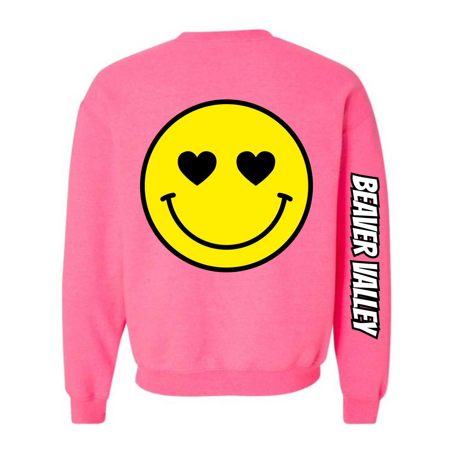BVCS Crewneck Sweatshirt - Oversize Heart Smile / Monochrome Graffiti Sleeve - Safety Pink