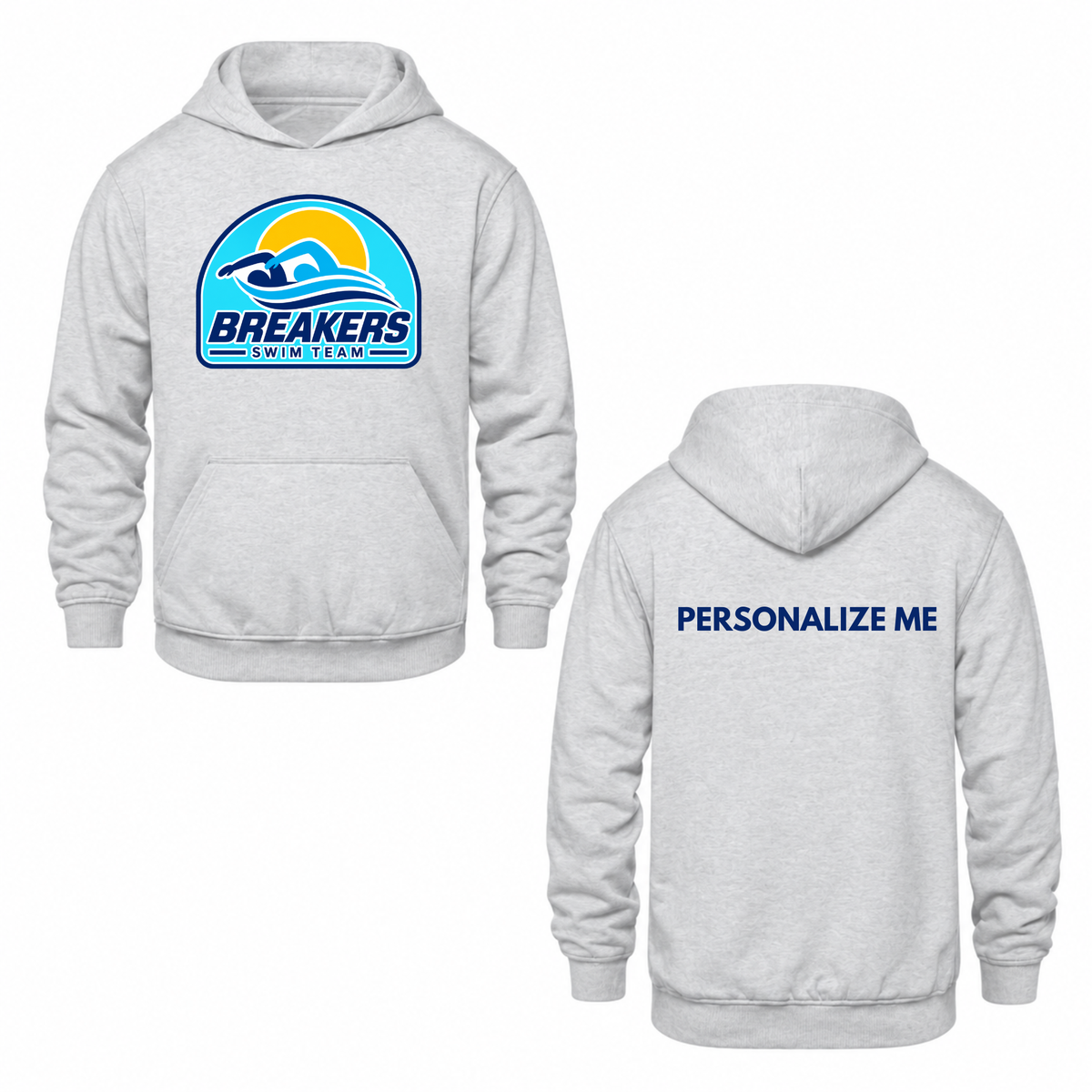 Breakers Swim Team Personalized Hooded Sweatshirt - Oversize Logo - Ash Grey / Blue