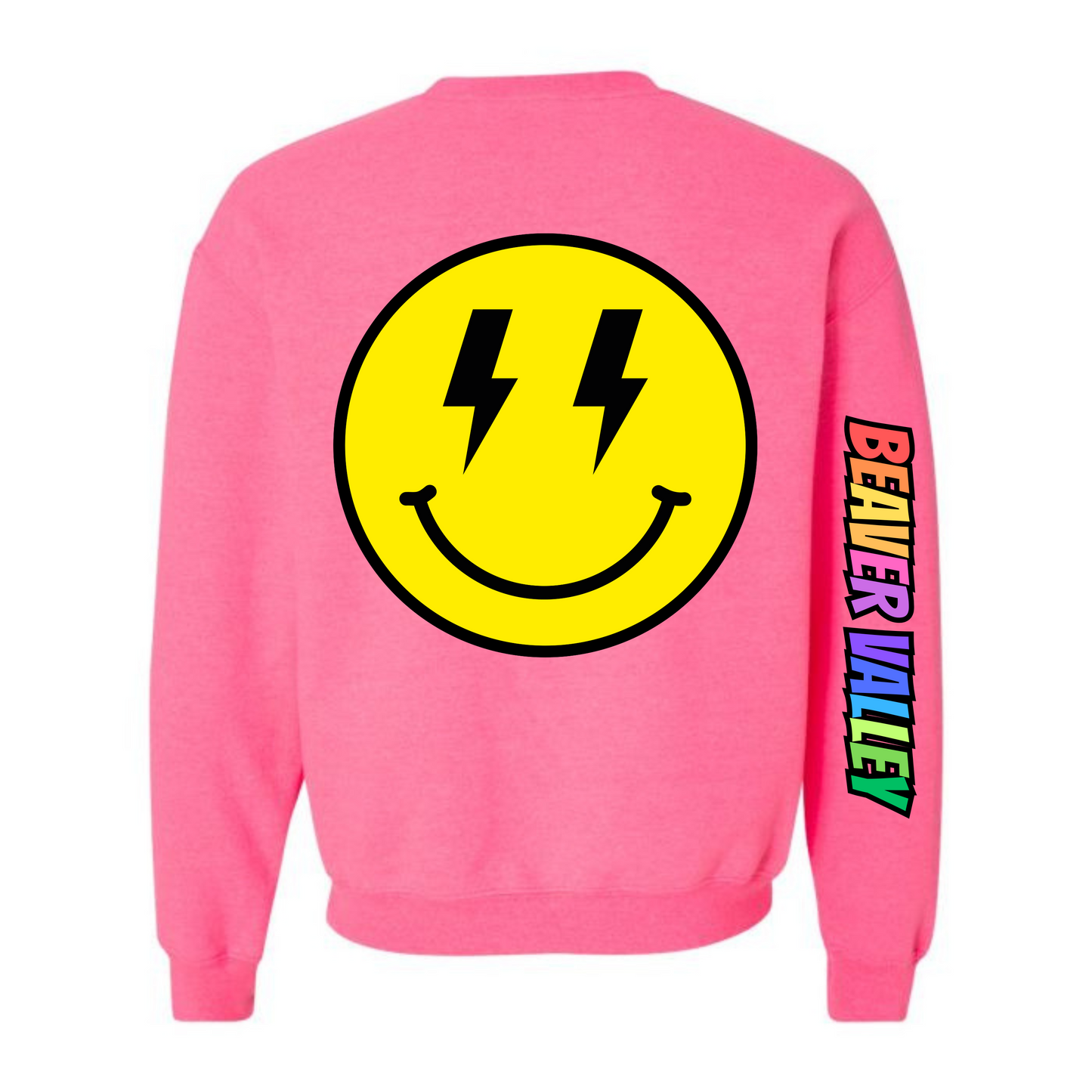 BVCS Crewneck Sweatshirt - Oversize Bolt Smile / Rainbow Graffiti Sleeve - Safety Pink