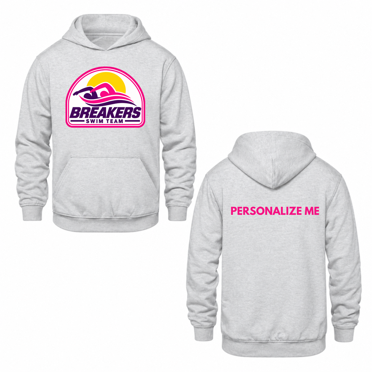 Breakers Swim Team Personalized Hooded Sweatshirt - Oversize Logo - Ash Grey / Pink