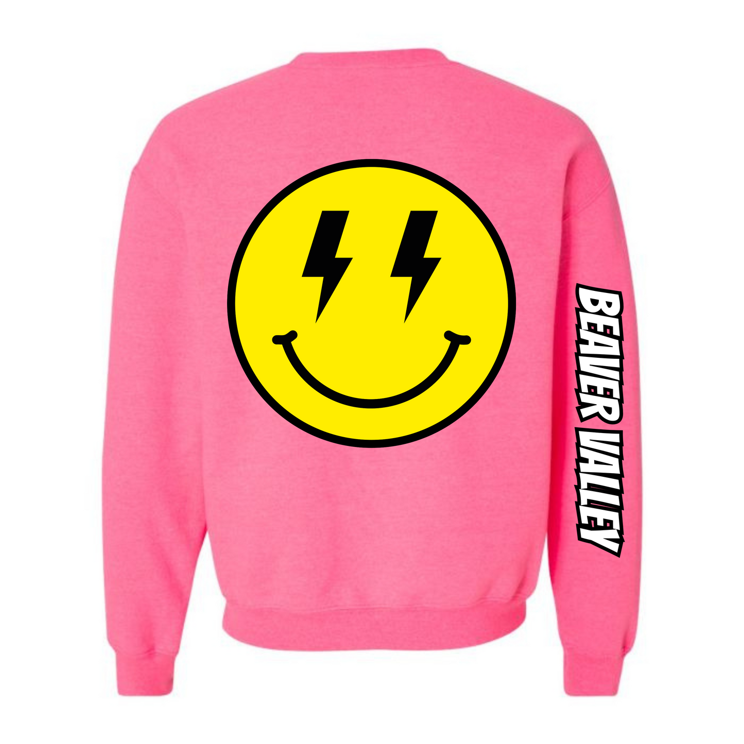 BVCS Crewneck Sweatshirt - Oversize Bolt Smile / Monochrome Graffiti Sleeve - Safety Pink