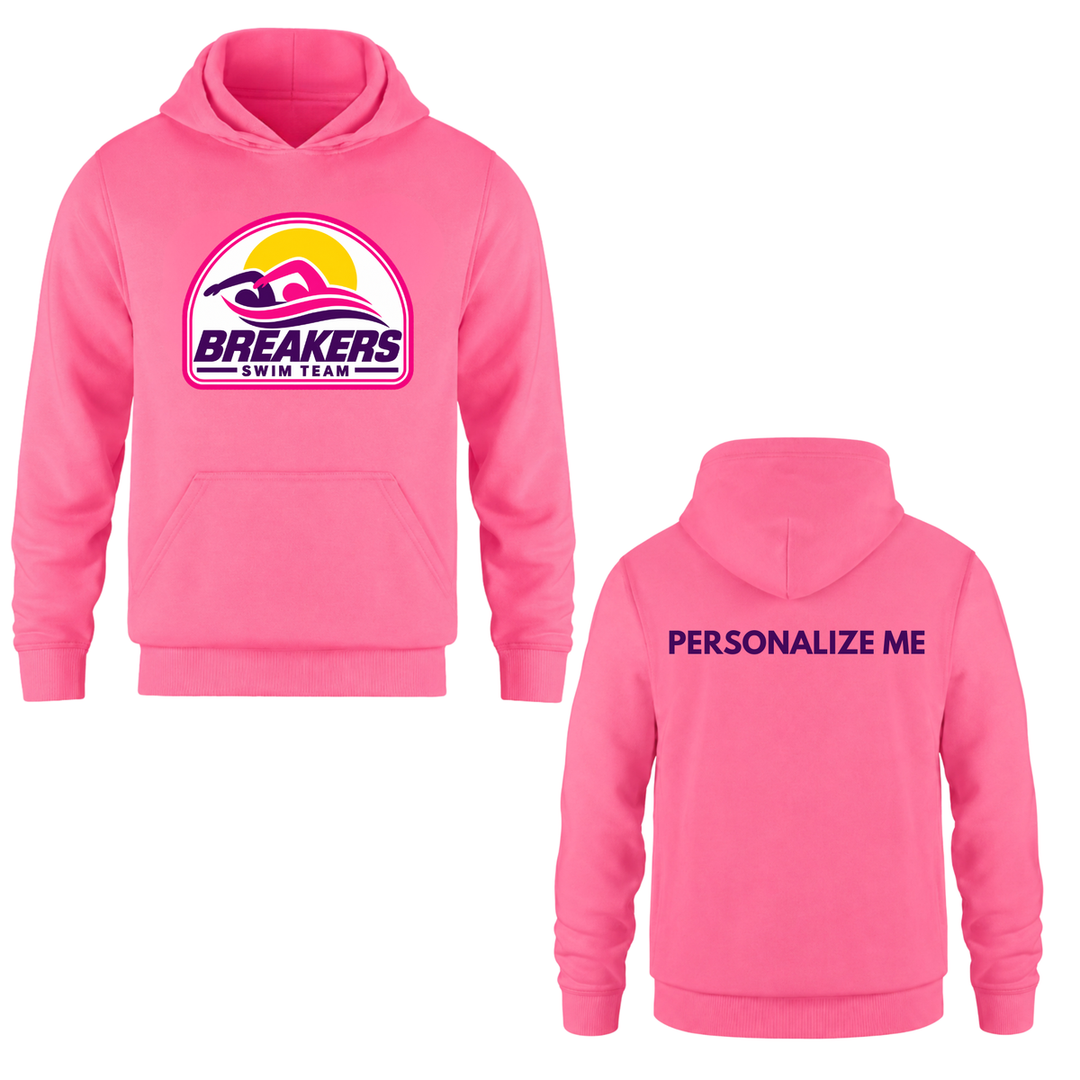 Breakers Swim Team Personalized Hooded Sweatshirt - Oversize Logo - Bright Pink / Pink