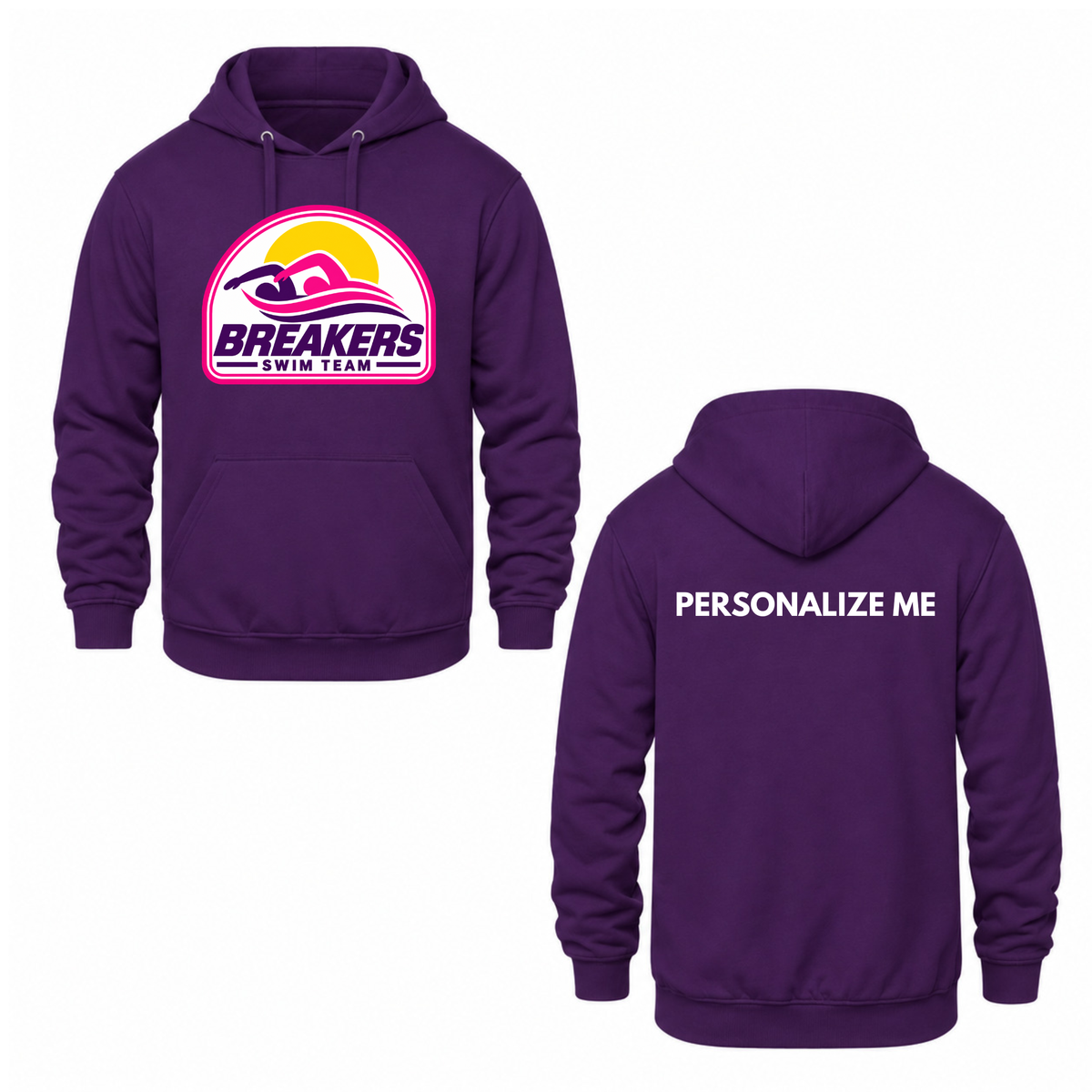 Breakers Swim Team Personalized Hooded Sweatshirt - Oversize Logo - Purple / Pink