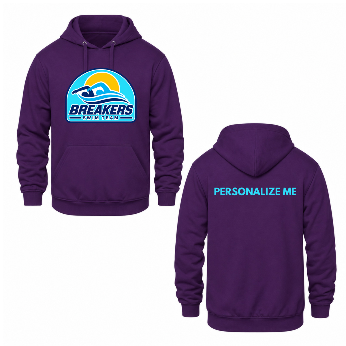 Breakers Swim Team Personalized Hooded Sweatshirt - Oversize Logo - Purple / Blue