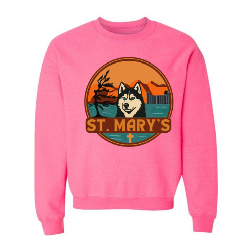 Kindness Collection St. Mary's Crewneck Sweatshirt - Oversize Logo - Safety Pink