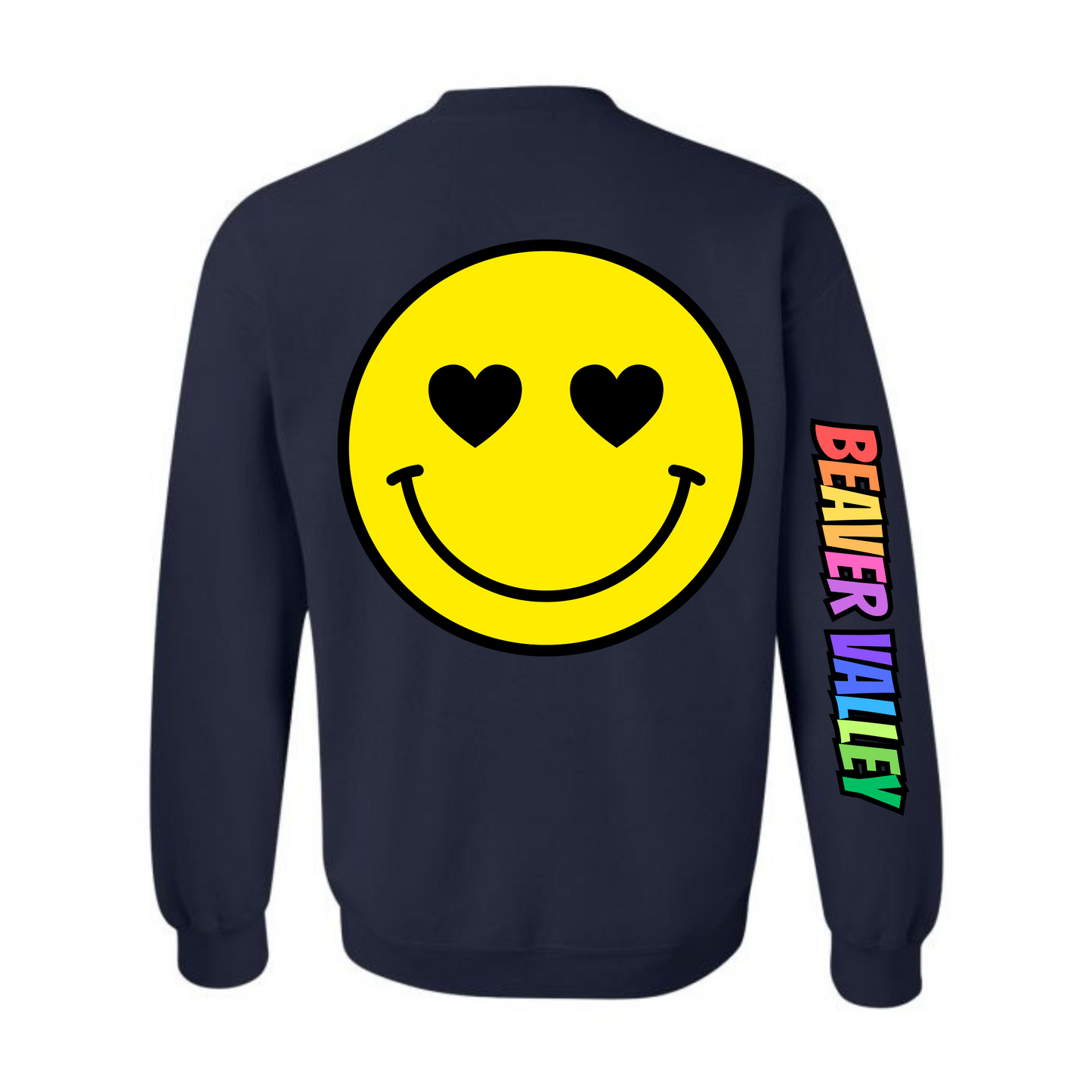 BVCS Crewneck Sweatshirt - Oversize Heart Smile / Rainbow Graffiti Sleeve - Navy