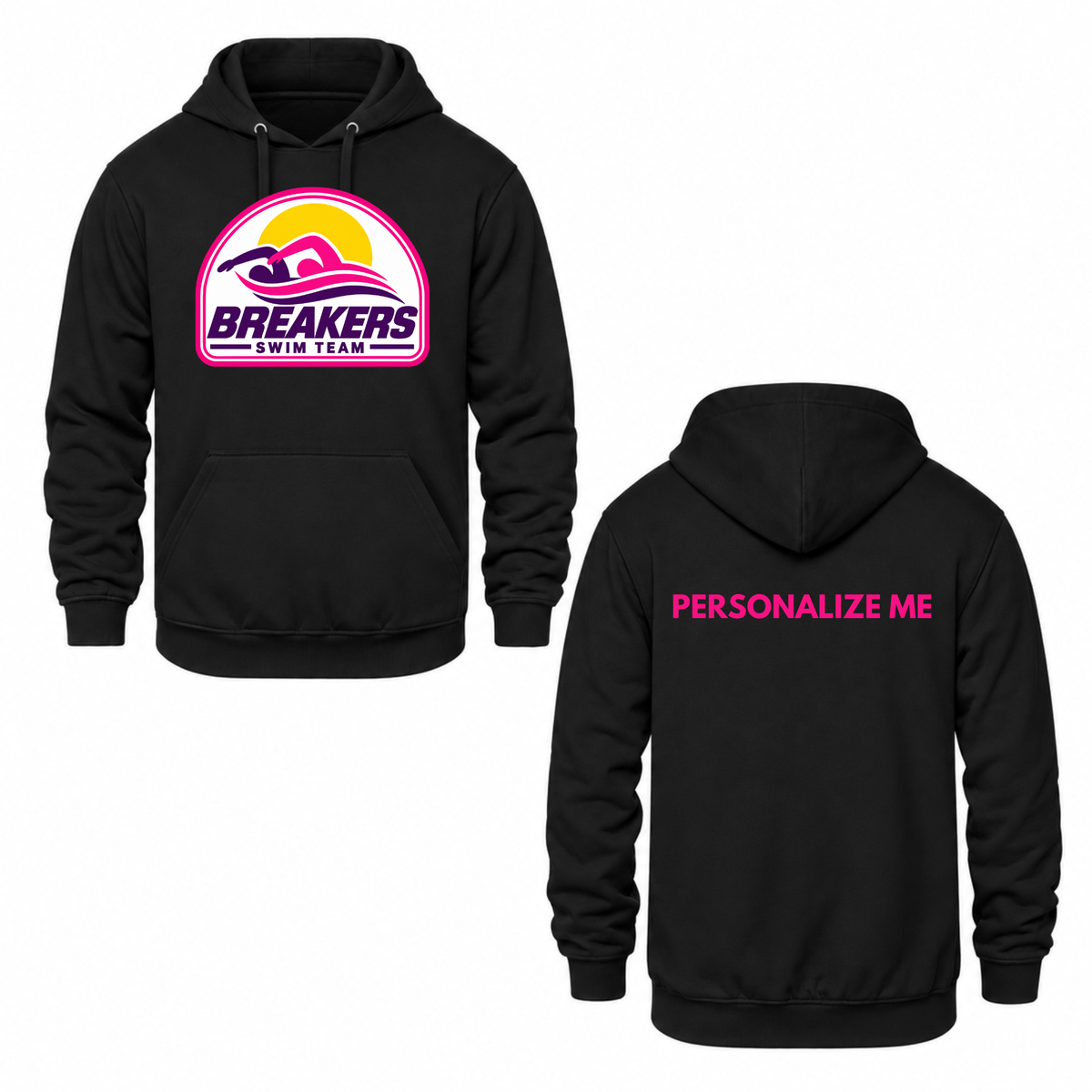 Breakers Swim Team Personalized Hooded Sweatshirt - Oversize Logo - Black / Pink