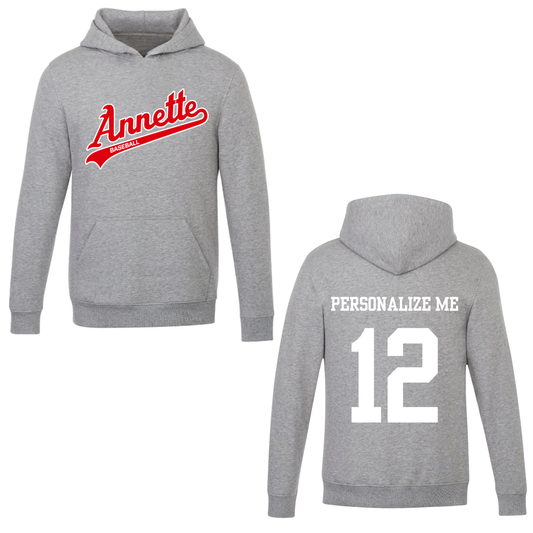 Annette Baseball Hooded Sweatshirt - Annette Red Script Logo /  Personalized - Grey
