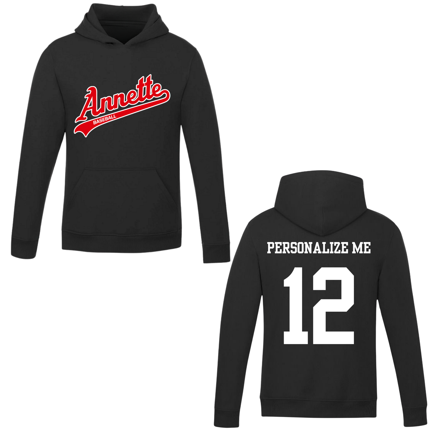 Annette Baseball Hooded Sweatshirt - Annette Red Script Logo /  Personalized - Black