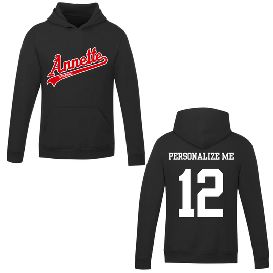 Annette Baseball Hooded Sweatshirt - Annette Red Script Logo /  Personalized - Black