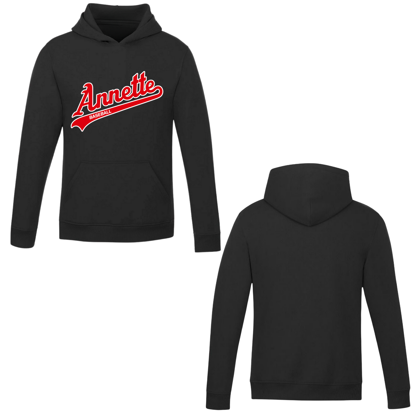 Annette Baseball Hooded Sweatshirt - Annette Red Script Logo /  Non-Personalized - Black