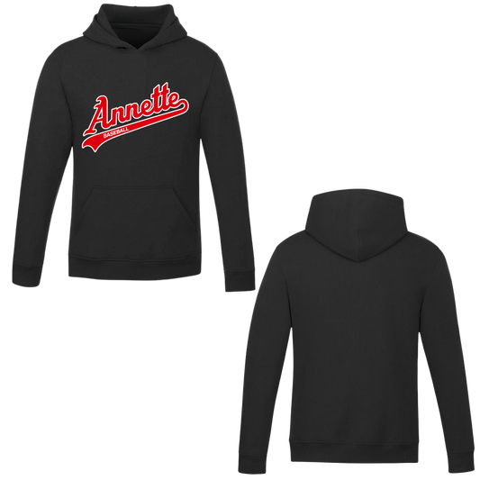 Annette Baseball Hooded Sweatshirt - Annette Red Script Logo /  Non-Personalized - Black