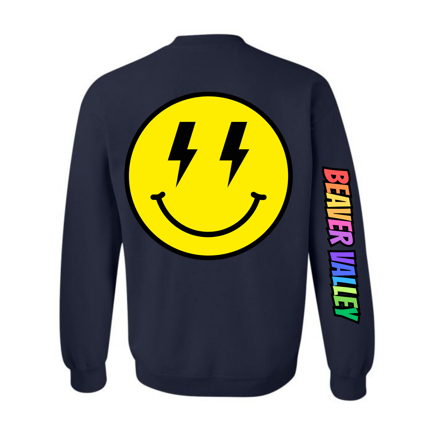 BVCS Crewneck Sweatshirt - Oversize Bolt Smile / Rainbow Graffiti Sleeve - Navy
