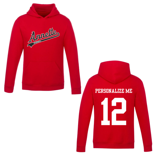 Annette Baseball Hooded Sweatshirt - Annette Black Script Logo /  Personalized - Red