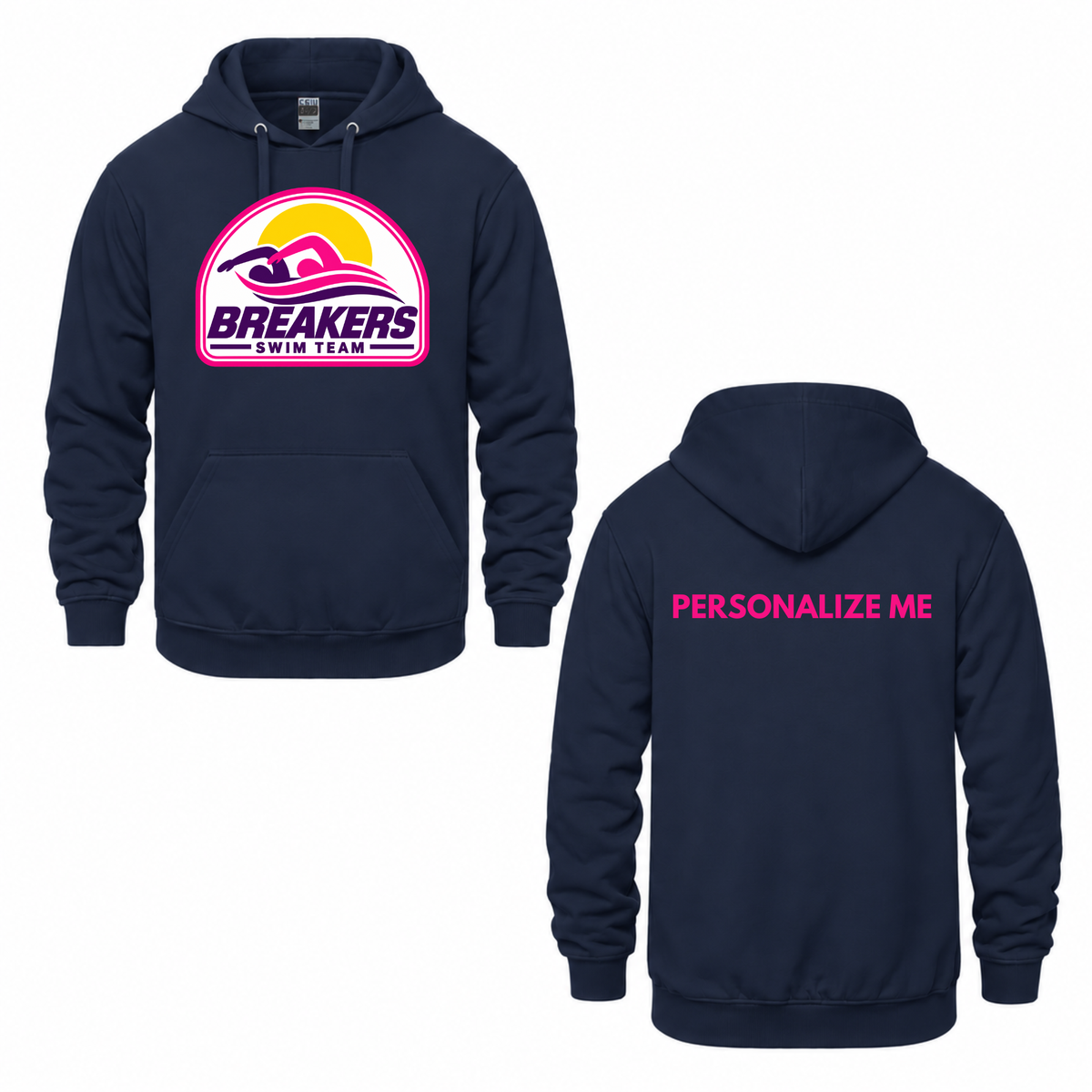 Breakers Swim Team Personalized Hooded Sweatshirt - Oversize Logo - Navy / Pink