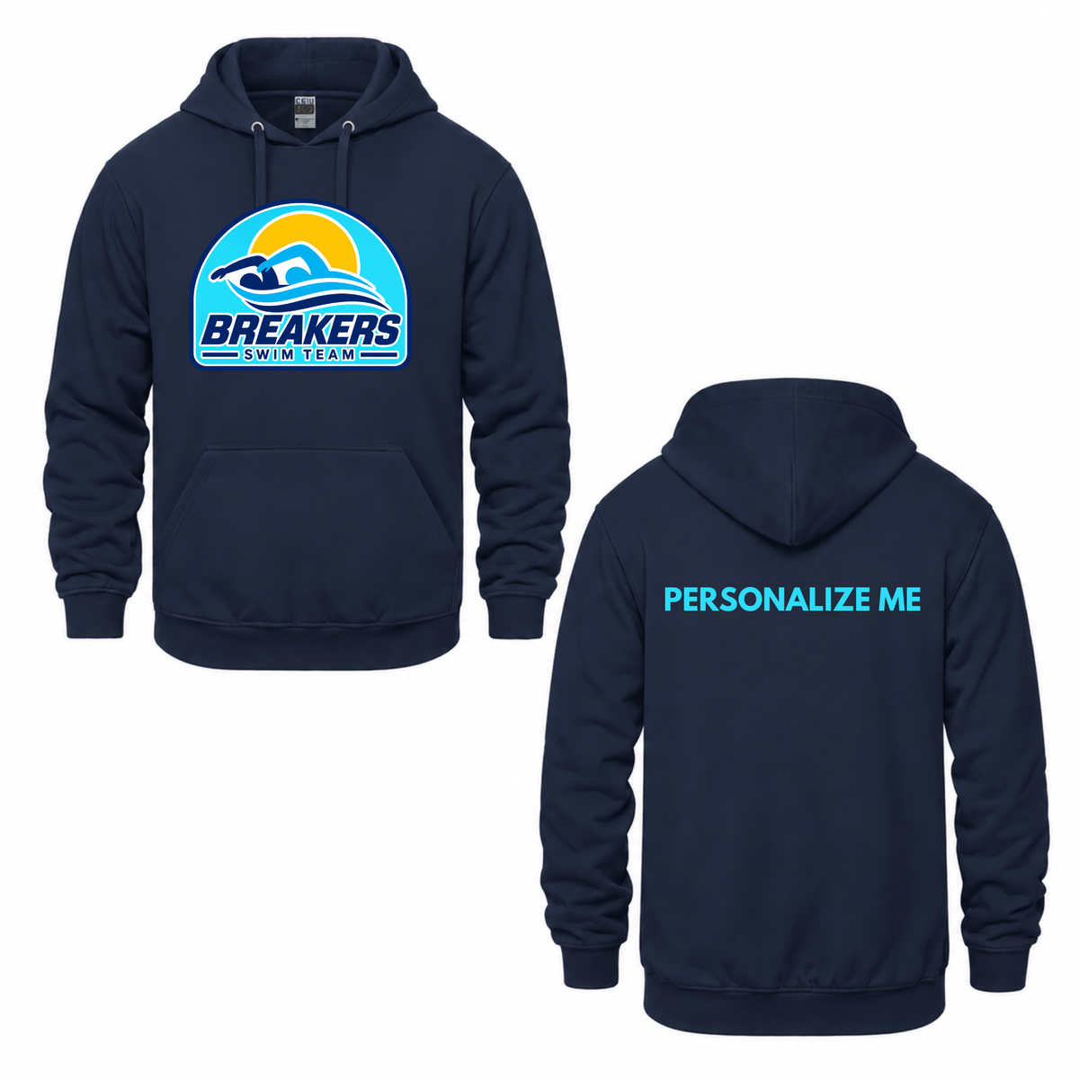 Breakers Swim Team Personalized Hooded Sweatshirt - Oversize Logo - Navy / Blue