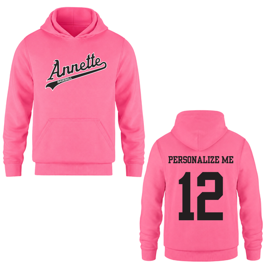 Annette Baseball Hooded Sweatshirt - Annette Black Script Logo /  Personalized - Neon Pink