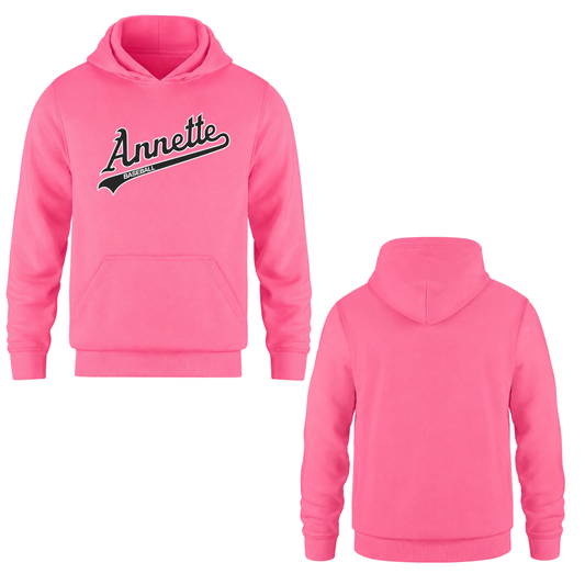 Annette Baseball Hooded Sweatshirt - Annette Black Script Logo /  Non-Personalized - Neon Pink