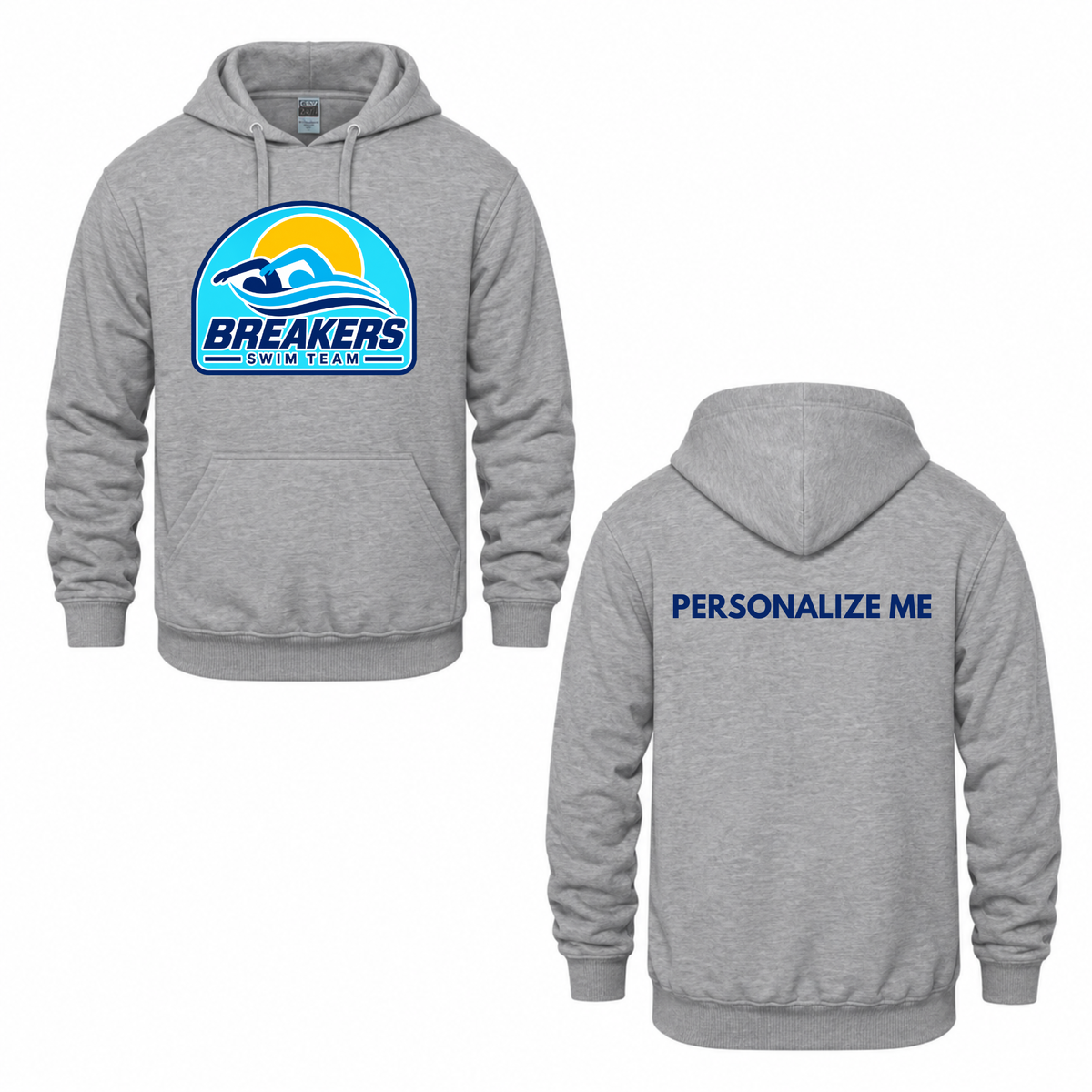 Breakers Swim Team Personalized Hooded Sweatshirt - Oversize Logo - Athletic Grey / Blue