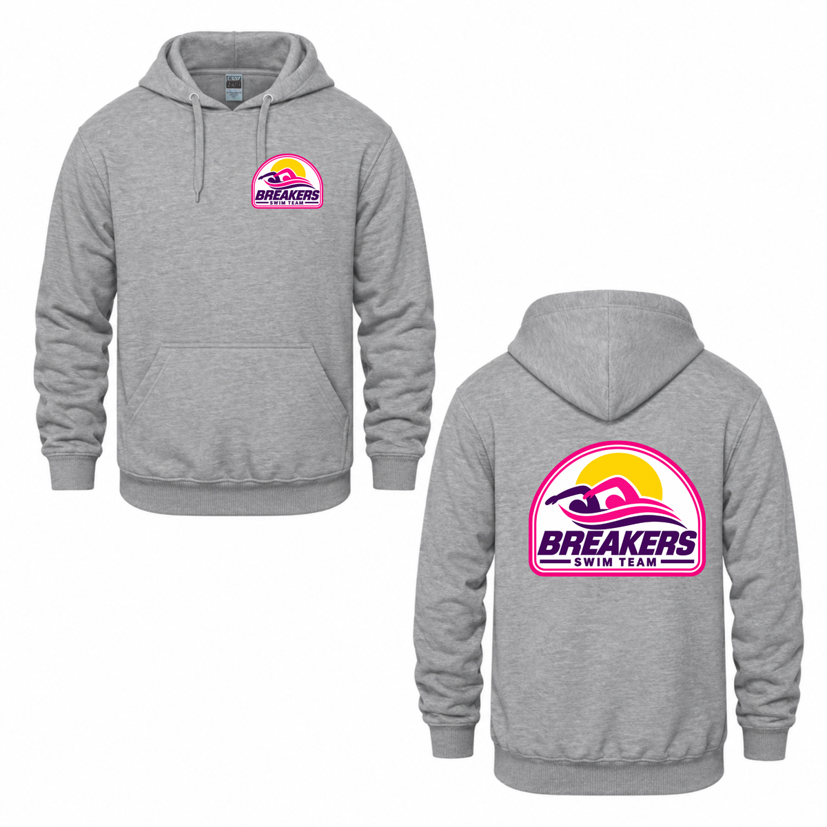 Breakers Swim Team Hooded Sweatshirt - Dual Logo - Athletic Grey / Pink