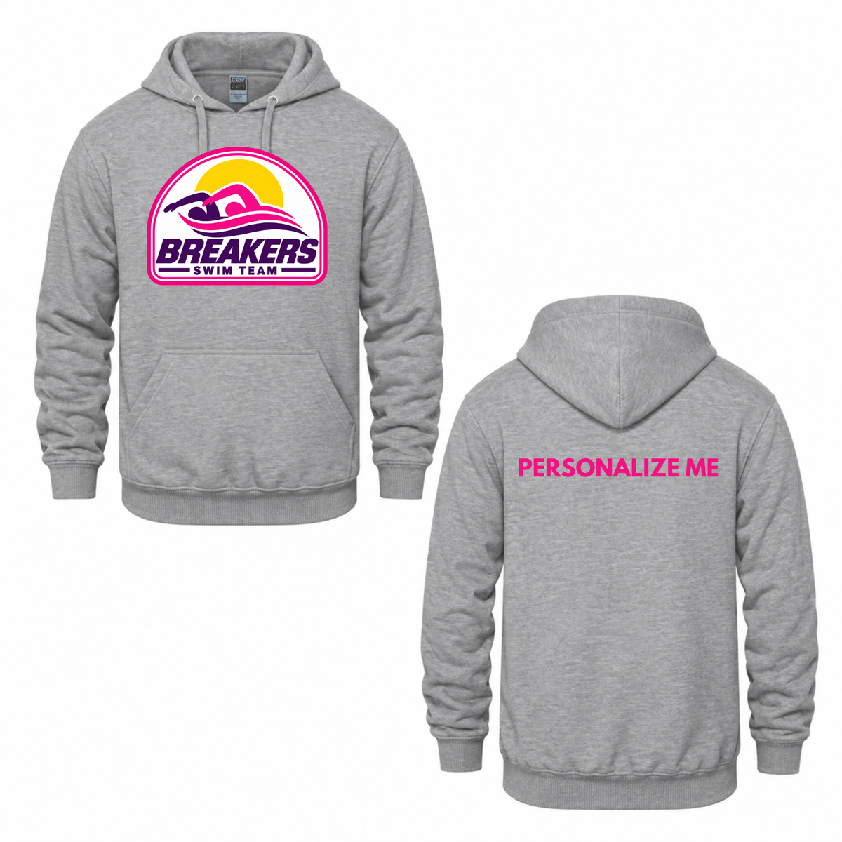 Breakers Swim Team Personalized Hooded Sweatshirt - Oversize Logo - Athletic Grey / Pink