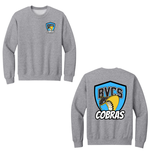 BVCS Crewneck Sweatshirt - Neon Blue Cobra Crests - Grey