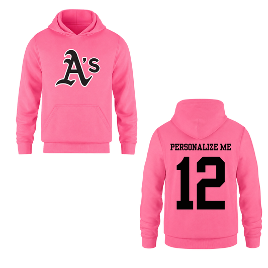 Annette Baseball Hooded Sweatshirt - "A's" Logo /  Personalized - Neon Pink