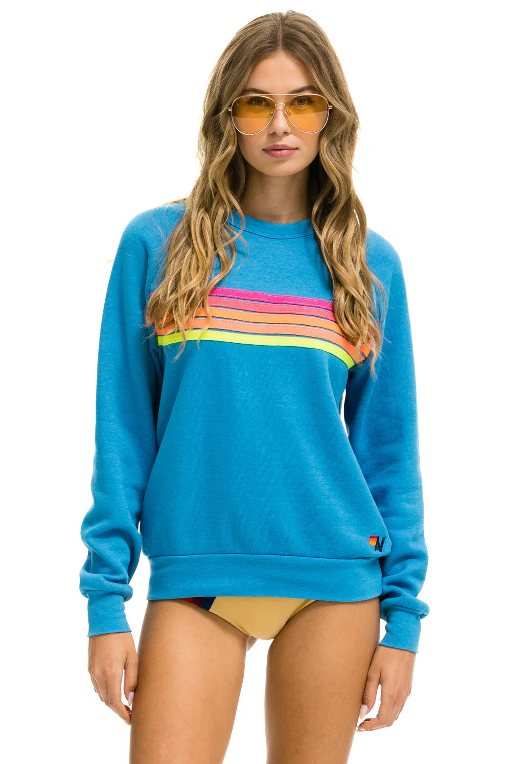 Aviator Nation Adult Unisex 5 Stripe Crew Sweatshirt - Ocean / Neon Pink / Yellow