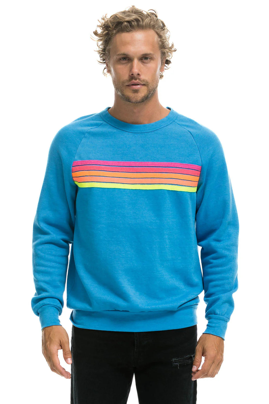 Aviator Nation Adult Unisex 5 Stripe Crew Sweatshirt - Ocean / Neon Pink / Yellow