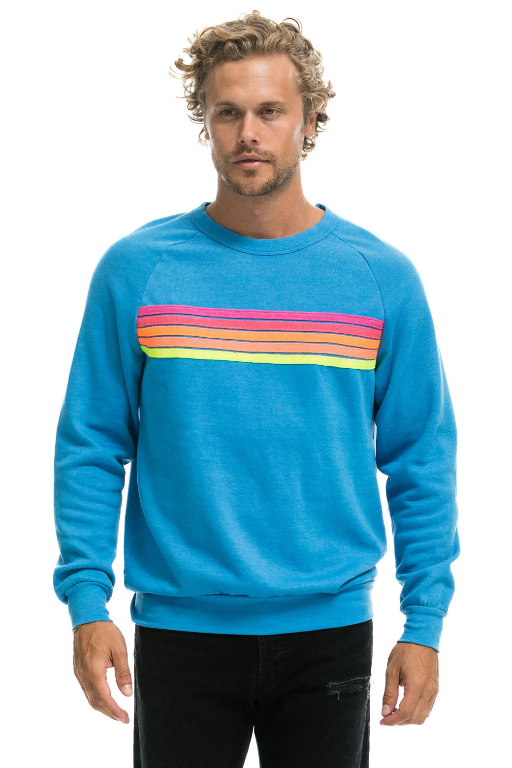 Aviator Nation Adult Unisex 5 Stripe Crew Sweatshirt - Ocean / Neon Pink / Yellow