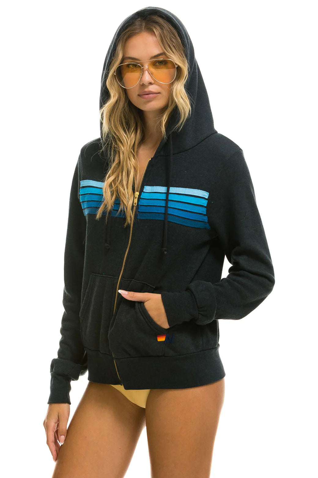 Adult 5 Stripe Zip Hoodie - Charcoal/Blue