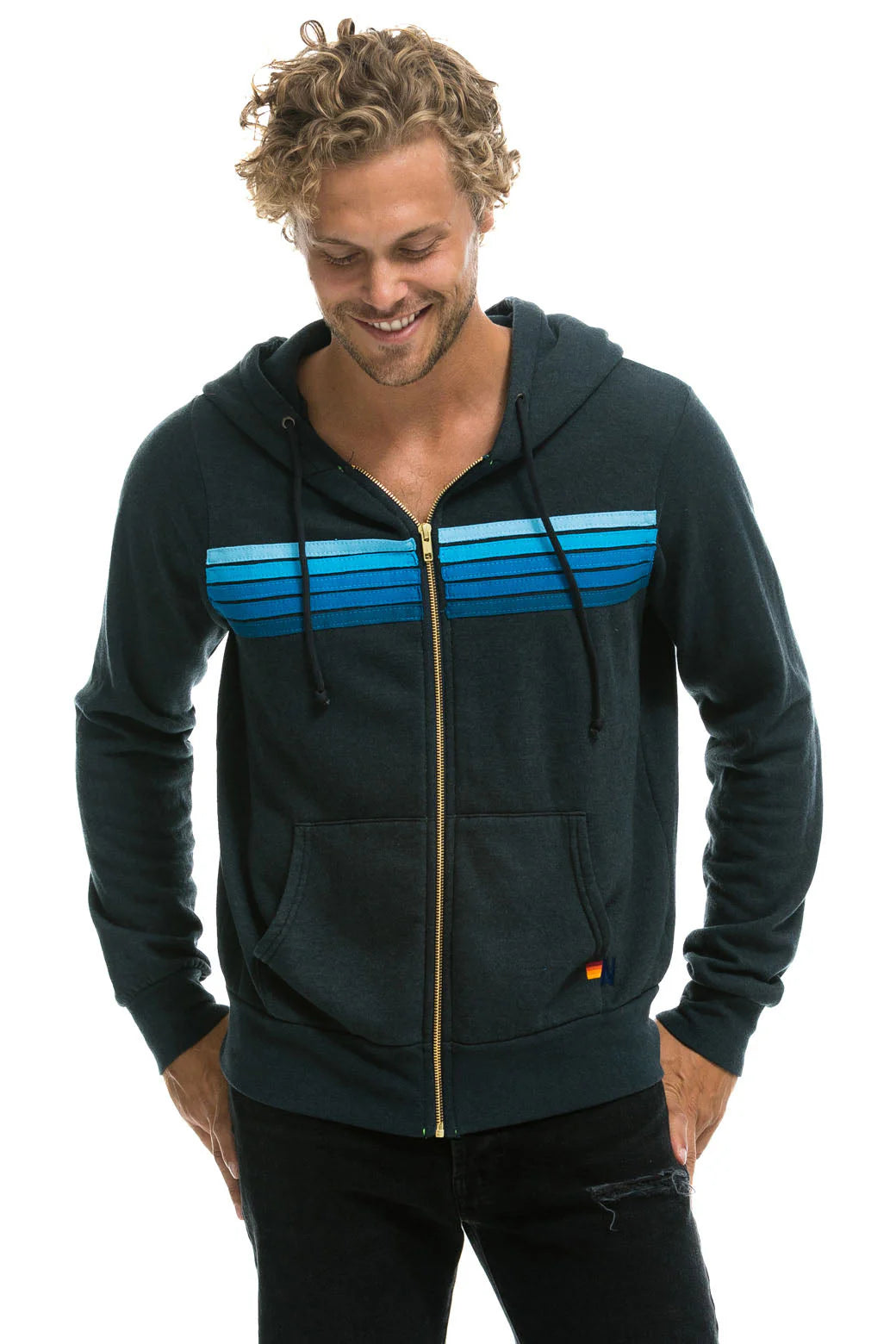 Adult 5 Stripe Zip Hoodie - Charcoal/Blue