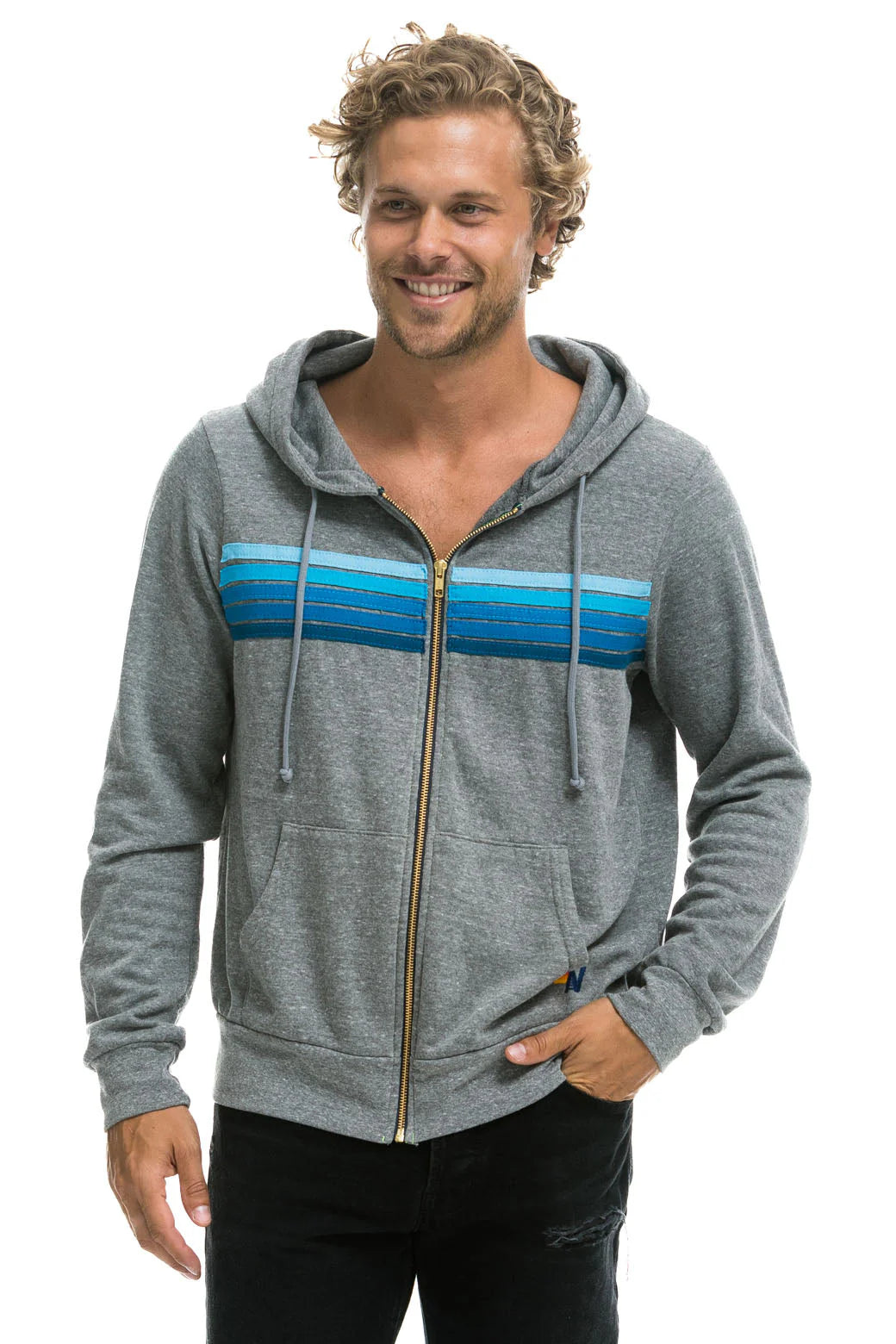 Aviator Nation - Adult Heather Grey / Blue Stripes 5 Stripe Zip Hoodie