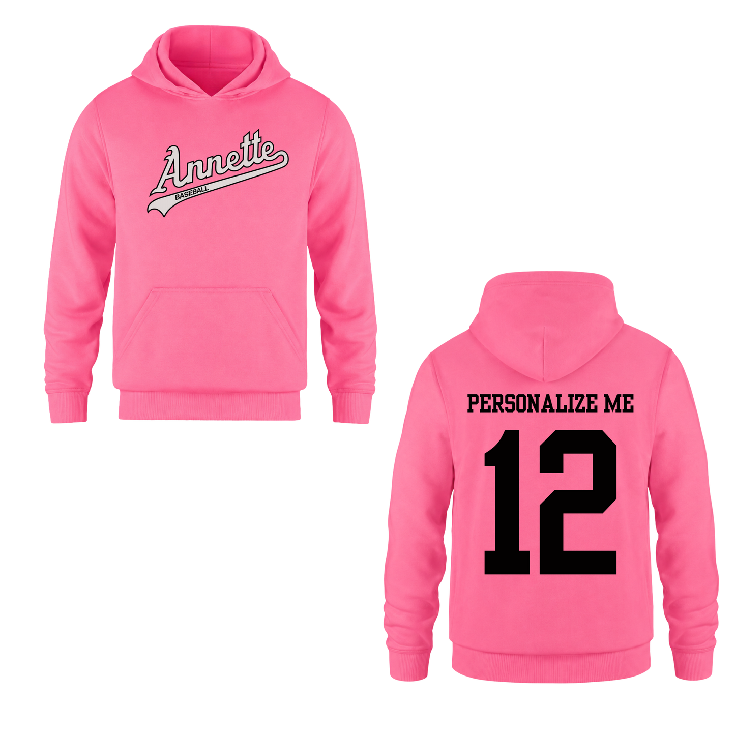 Annette Baseball Hooded Sweatshirt - Annette Script Logo /  Personalized - Neon Pink