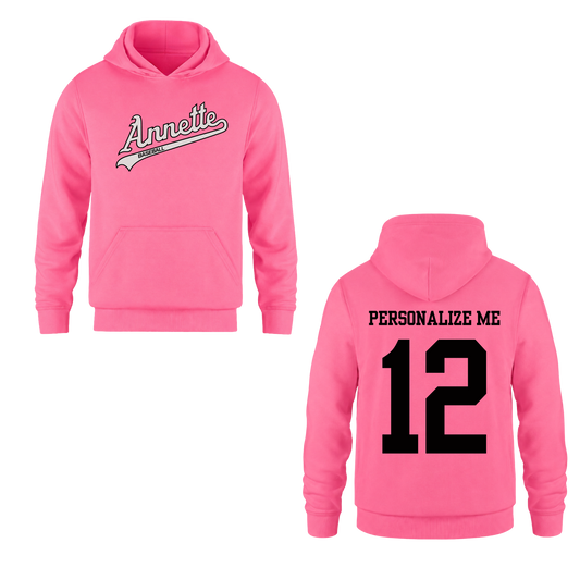 Annette Baseball Hooded Sweatshirt - Annette Script Logo /  Personalized - Neon Pink