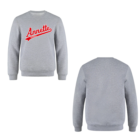 Annette Baseball Oversize Red Script Logo Crewneck Sweatshirt - Grey