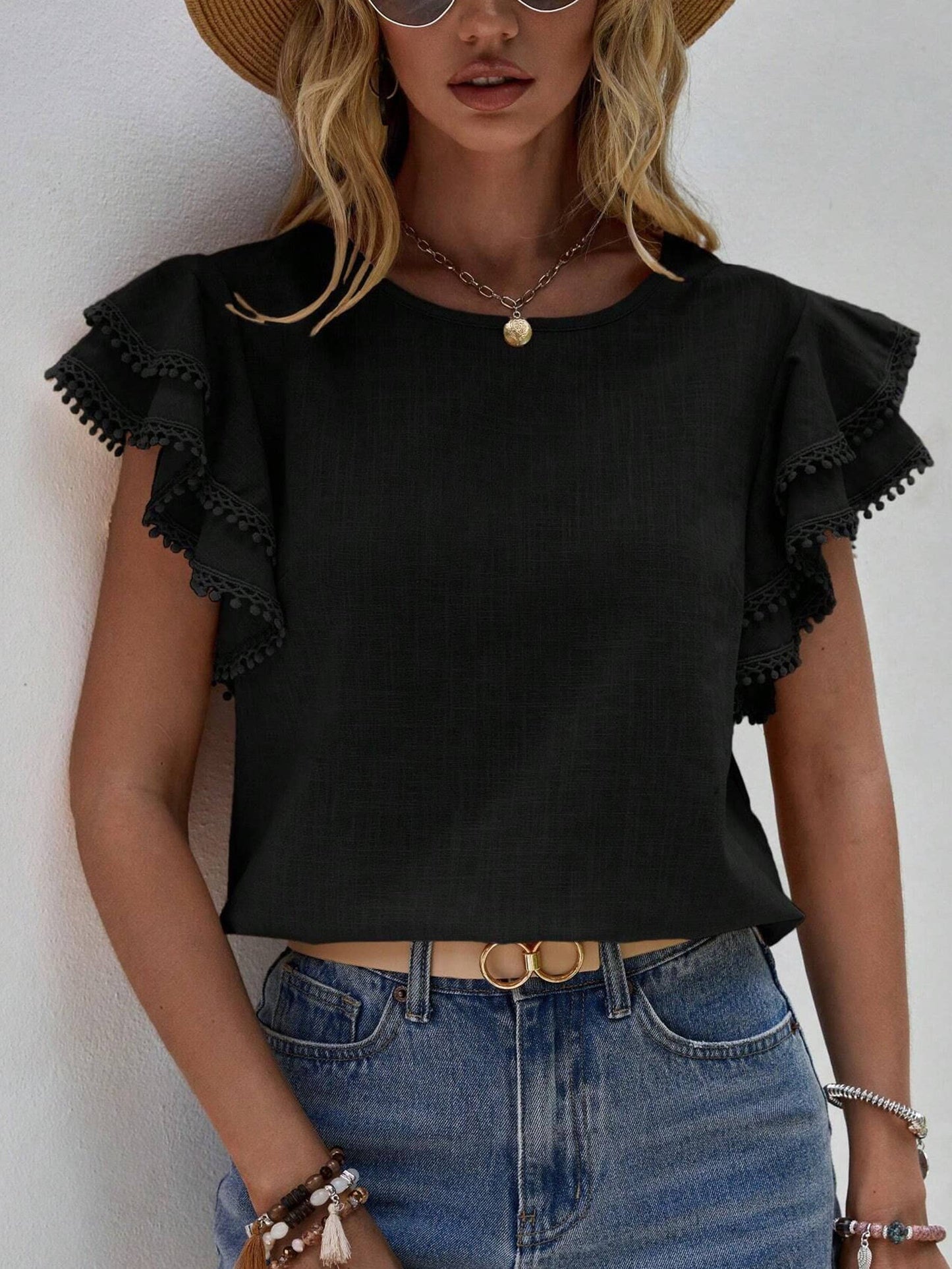 The Layla Round Neck Ruffle Short Sleeved Top - Black