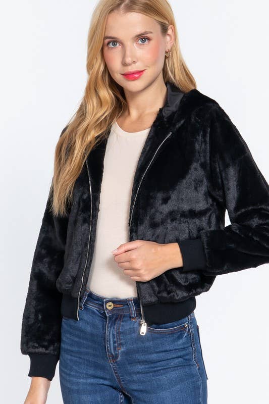 Cozy Faux Fur Hoodie Jacket - Black