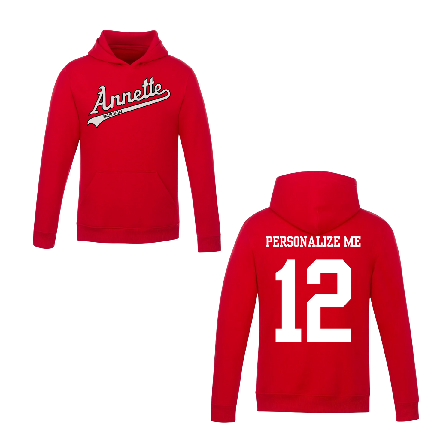 Annette Baseball Hooded Sweatshirt - Annette Script Logo /  Personalized - Red
