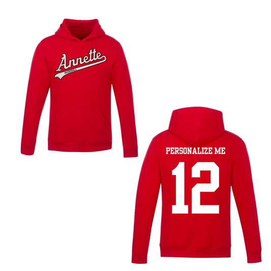 Annette Baseball Hooded Sweatshirt - Annette Script Logo /  Personalized - Red