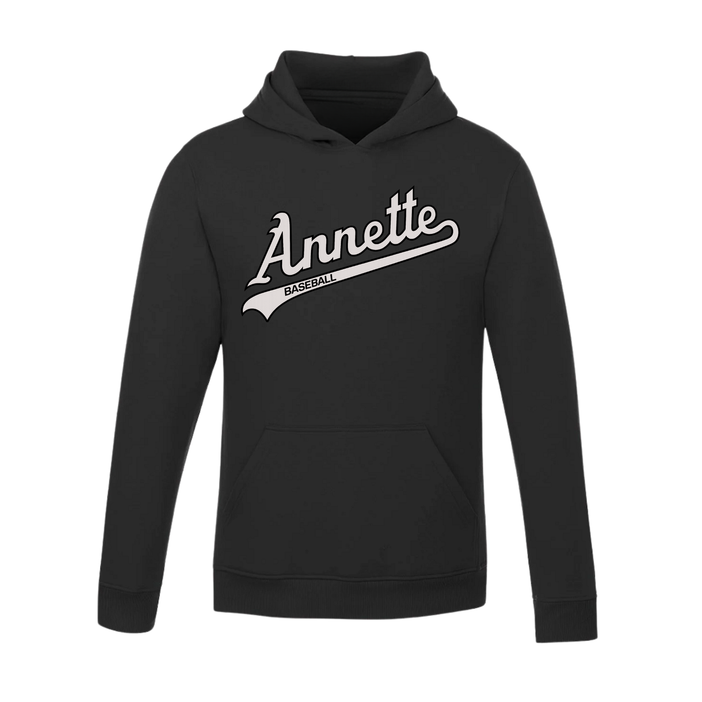 Annette Baseball Hooded Sweatshirt - Annette Script Logo /  Personalized - Black